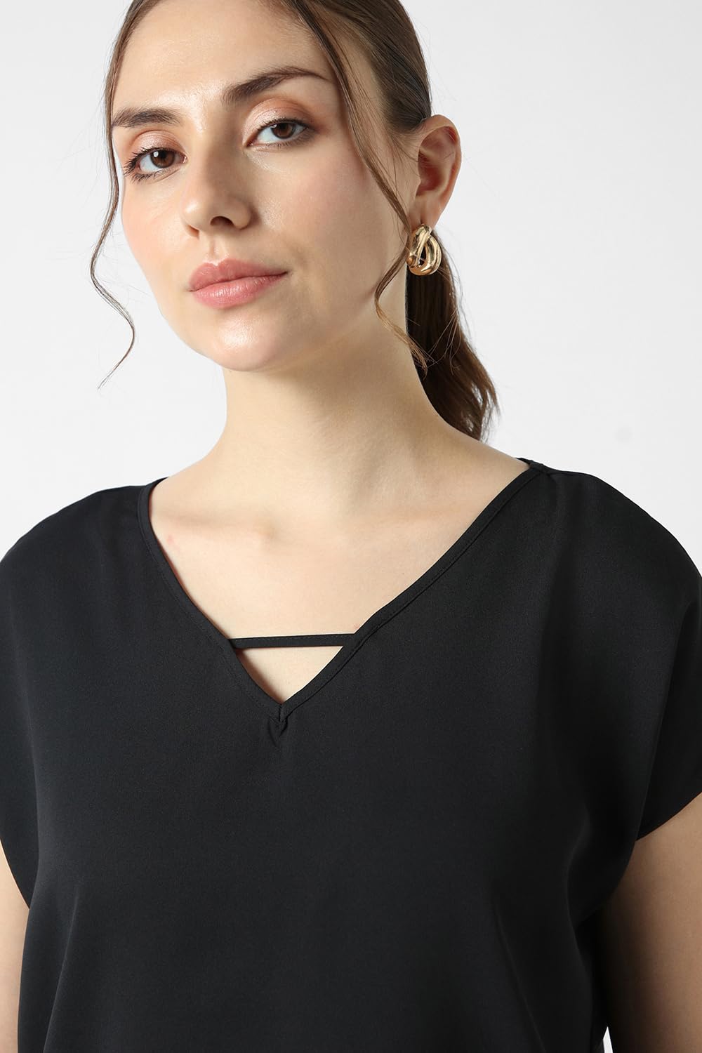 Women Black Solid Formal V Neck Top