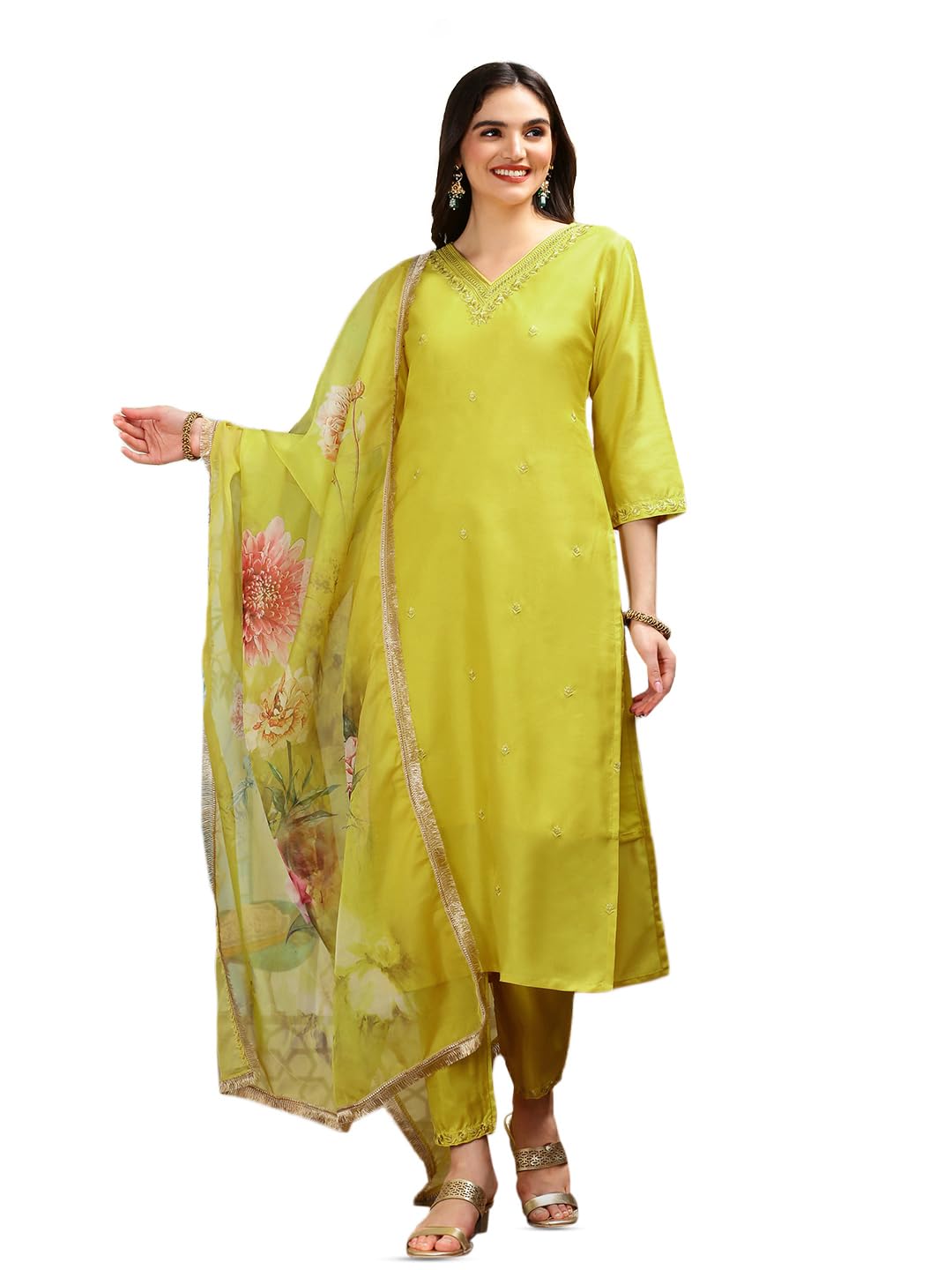 ishin Floral Embroidered V-Neck Three-Quarter Sleeves Silk Chiffon Kurta Set | Kurta set for women | Kurta with trousers and dupatta