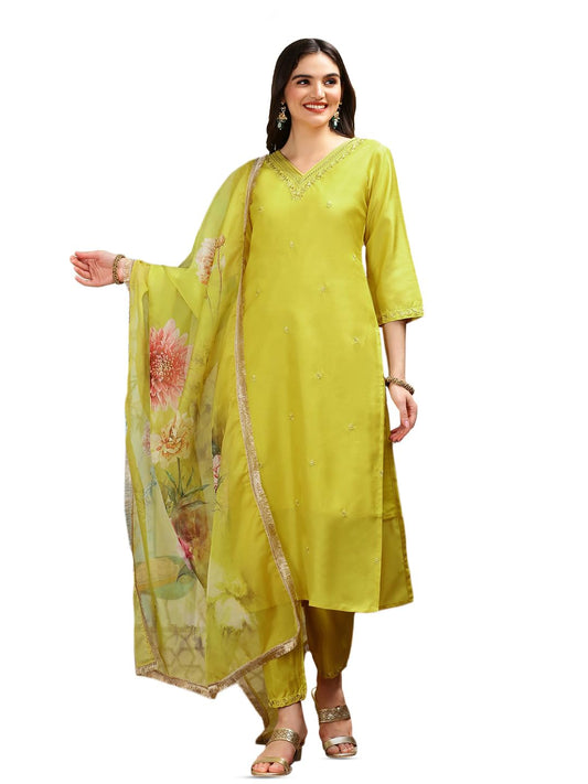 ishin Floral Embroidered V-Neck Three-Quarter Sleeves Silk Chiffon Kurta Set | Kurta set for women | Kurta with trousers and dupatta