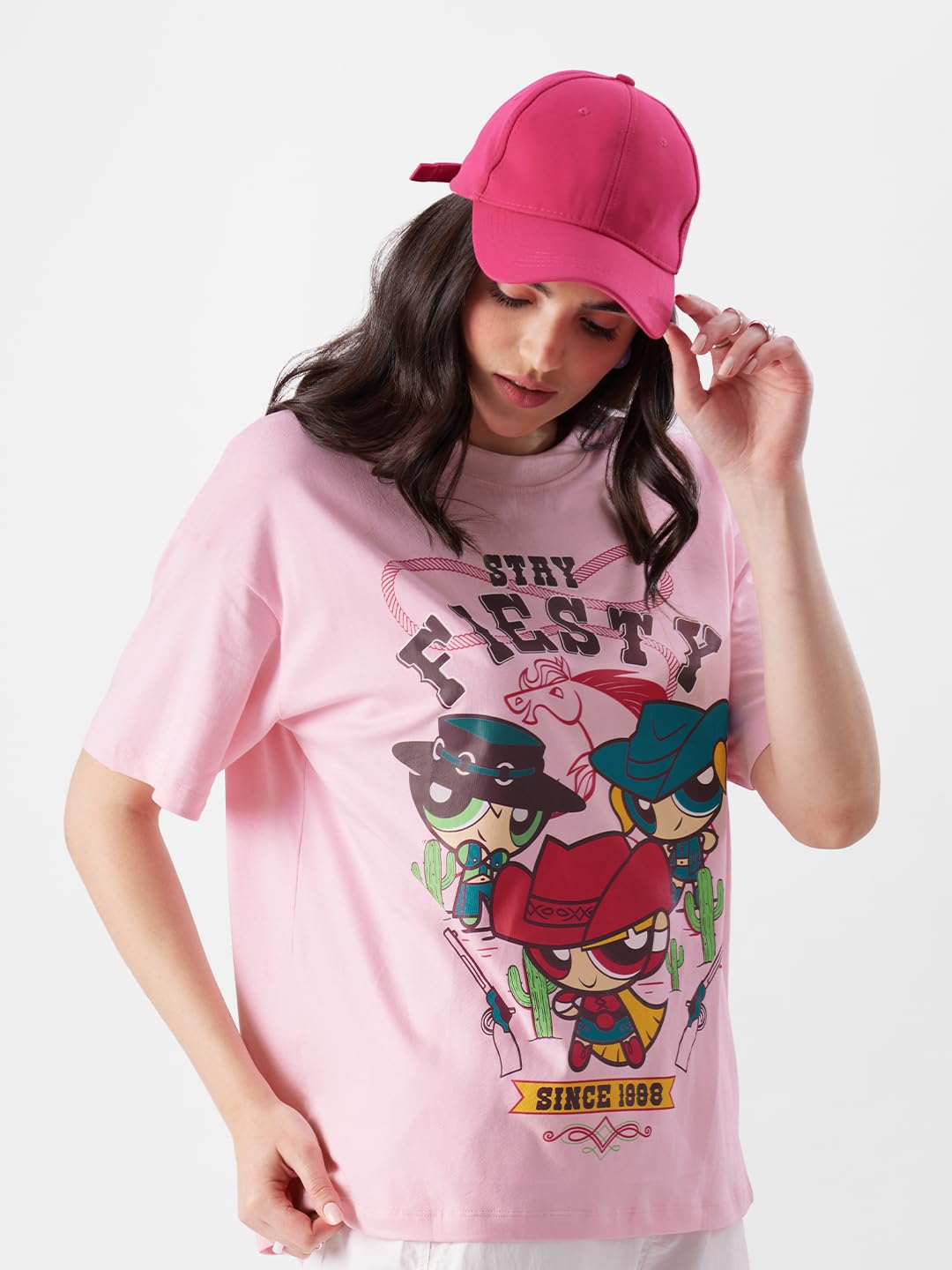 The Souled Store Powerpuff Girls: Stay Fiesty Womens Oversized Fit Graphic Printed Half Sleeve Cotton Pink Women Oversized T-Shirts Oversized T Shirts for Women T-Shirt Girls Cotton Casual Half