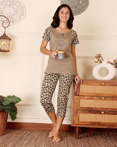 BODYCARE Women's Cotton Printed T-Shirt and Capri Set | Soft & Breathable Nightwear | Short Sleeves | Loungewear Co-Ord Set| BSCS16039_100 Multicolour