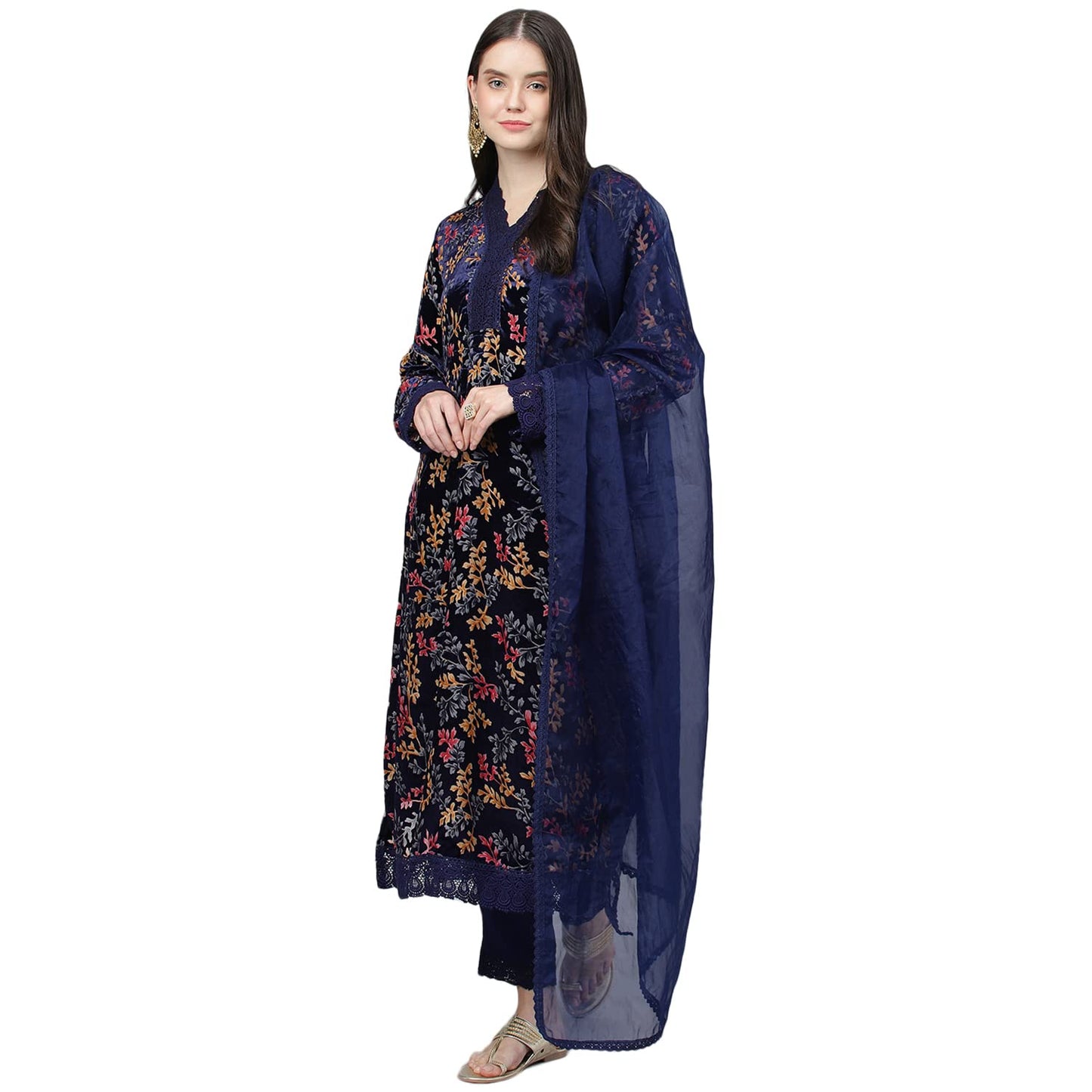 Divena Blue Floral Burn Out Valvet Kurta pant With Organza Dupatta set