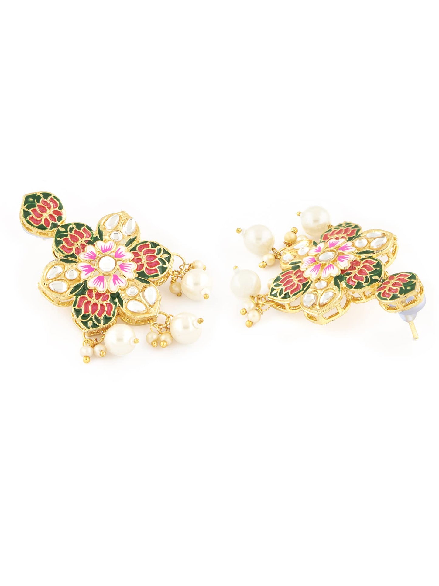 ZAVERI PEARLS Multicolor Meenakari Lotus Design Multistrand Pearls Long Necklace Earring & Ring Set For Women-ZPFK13429