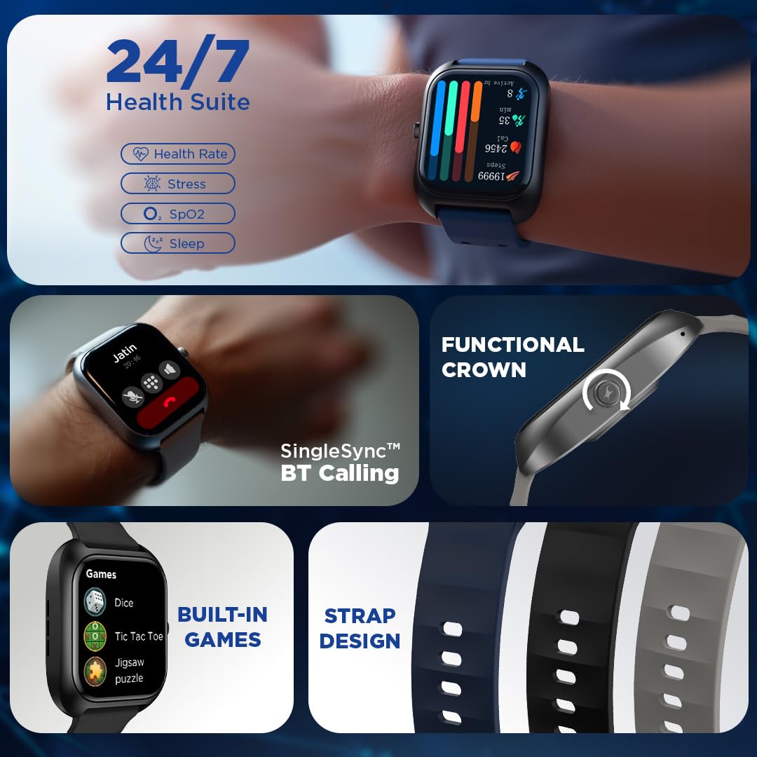 Fastrack VOX Plus 1.85” Smart Watch for Men & Women with TFT Display,to-do List,BT Calling, Offline Voice Commands, 24/7 Health Suite (SPO₂, HRM, Sleep), IP68, Games & Multiple Watch Faces