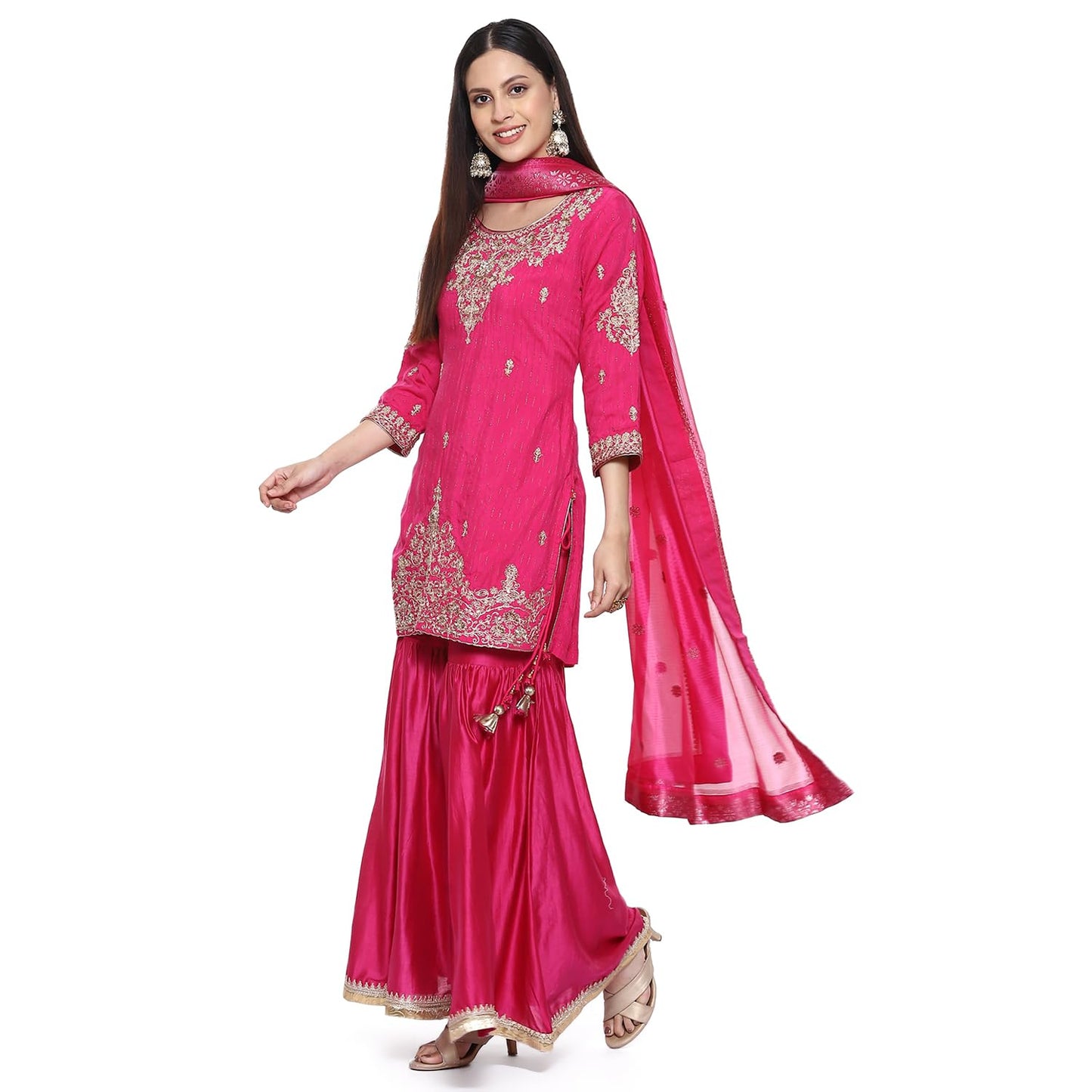 BIBA Women Viscose Embroidery Straight Salwar Kurta Dupatta(Skdkinari8925_Fuchsia_38), Purple