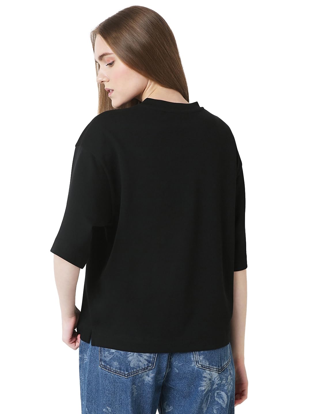 VERO MODA Women Solid Black Cotton Relaxed Fit T-Shirt
