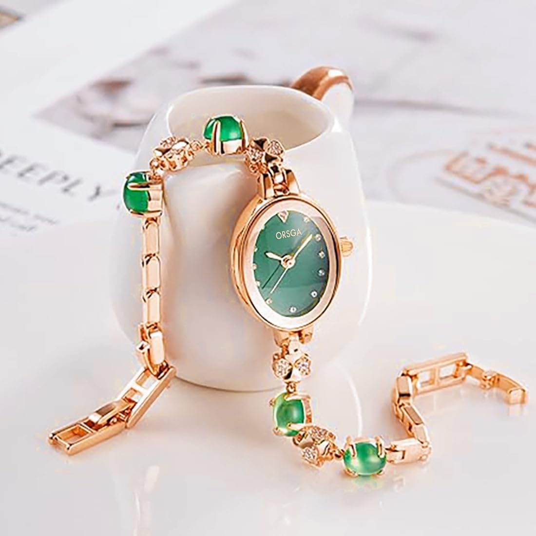 ORSGA Stainless Steel Women Watches Jadeire Watch For Women Analog Wrist Rose Gold Green Dial Bracelet Ladies Watch Women&Girls