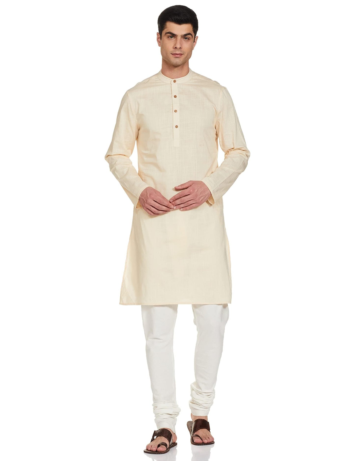 Amazon Brand - Symbol Men's Cotton Solid Long Kurta (Regular Fit) (SYMETHLKUR-1_Brazilian Sand_XL)