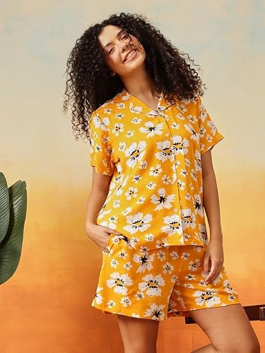 Clovia Women's Rayon Co-ord Nightwear Set – Printed Button-Down Shirt & Shorts | Lounge & Sleep Set (LS0141L02_Yellow_L)
