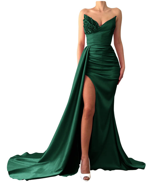 Prom Dresses 2024 Strapless Mermaid Sequin Beaded Satin Long Slit Evening Gowns for Women Bridesmaid Dresses, Emerald Green, 16