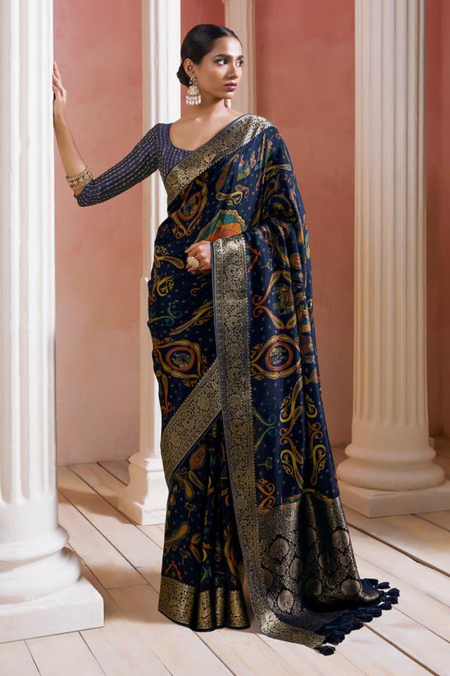 Soch Womens Navy Blue Crepe Saree With Ethnic Print And Zari Borders