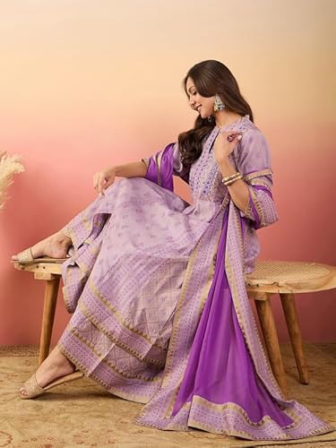 AVYUKTHA Cotton Kurta Palazzo & Dupatta Set For Womens | Regular Fit | 3/4 Sleeve | V Neck | Printed Embroidery | Anarkali | Lightweight | Ethenic Dress | Ideal For Weddings & Parties | S | Skin
