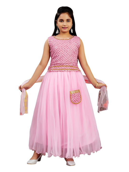 Aarika Girl's Polyester Lehenga Choli Set (LCH-18022_Pink_14-15 Years)