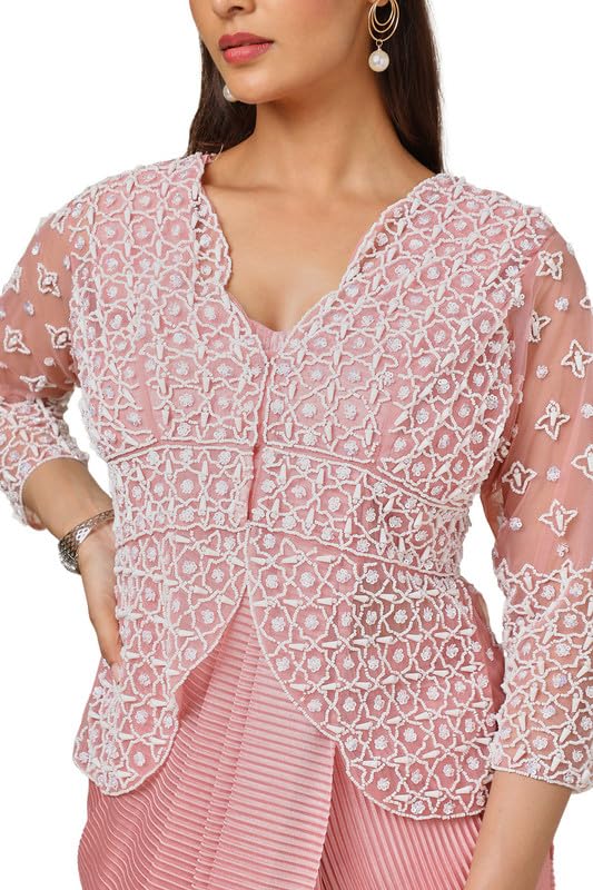 Soch Womens Peach Satin Embellished Ready-To-Wear Saree With Jacket