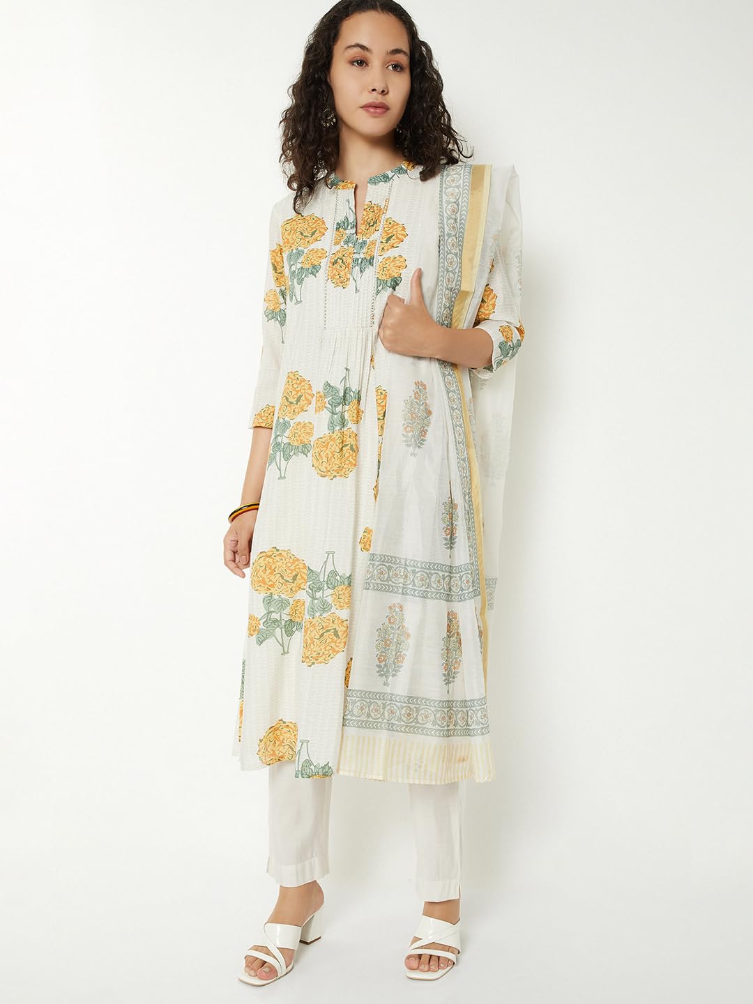 Max Women Floral Print A-Line Kurta Set (Off White_XXL)