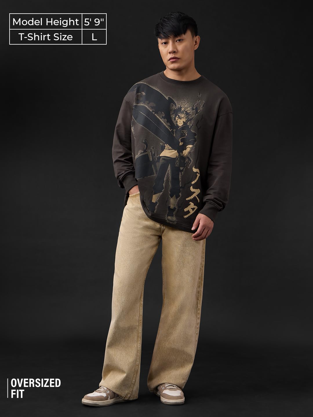 The Souled Store Black Clover: Asta Men and Boys Long Sleeves Round Neck Charcoal Grey Graphic Printed Anime Drop Shoulder Casual Drop Shoulder Oversized Full Sleeve T-Shirt