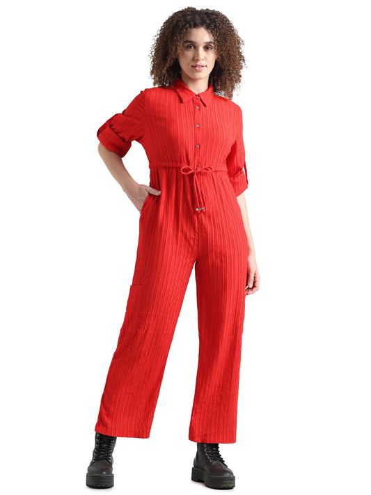 ONLY Women Solid Cotton Red Jumpsuit