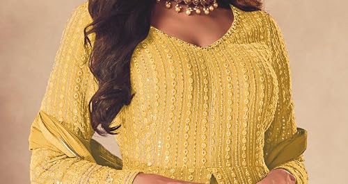 RUDRAPRAYAG Anarkali Georgette and Santoon Maxi Gown for Women | Semi-Stitched Long Anarkali Gown | Gown in Clothing & Accessories (Mustard)