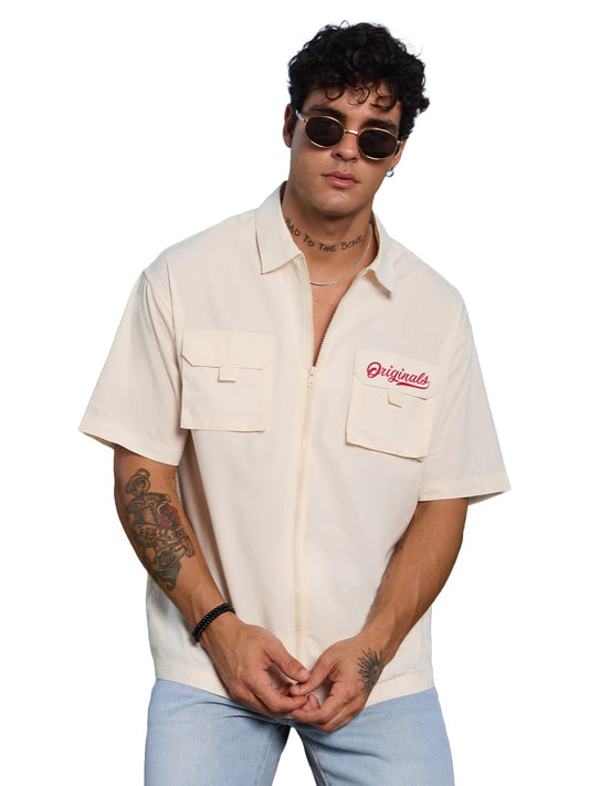 The Souled Store Solids : Off-White Men and Boys Long Sleeve Collared Neck Button Down Regular Fit Cotton Utility Shirts