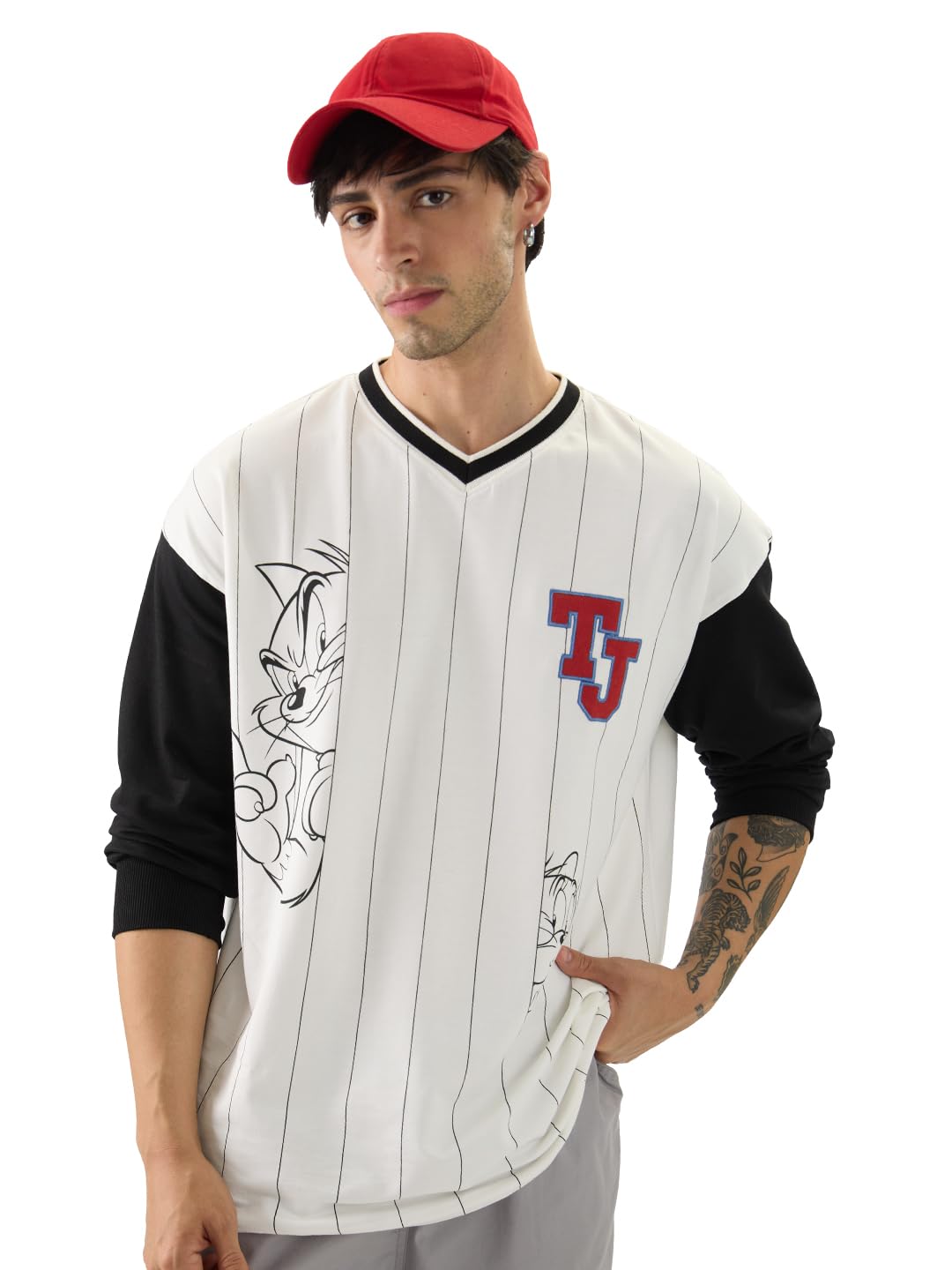 The Souled Store Official Tom & Jerry: Stripped Men and Boys V Neck Multicolor Cotton Oversized Full Sleeve T-Shirts