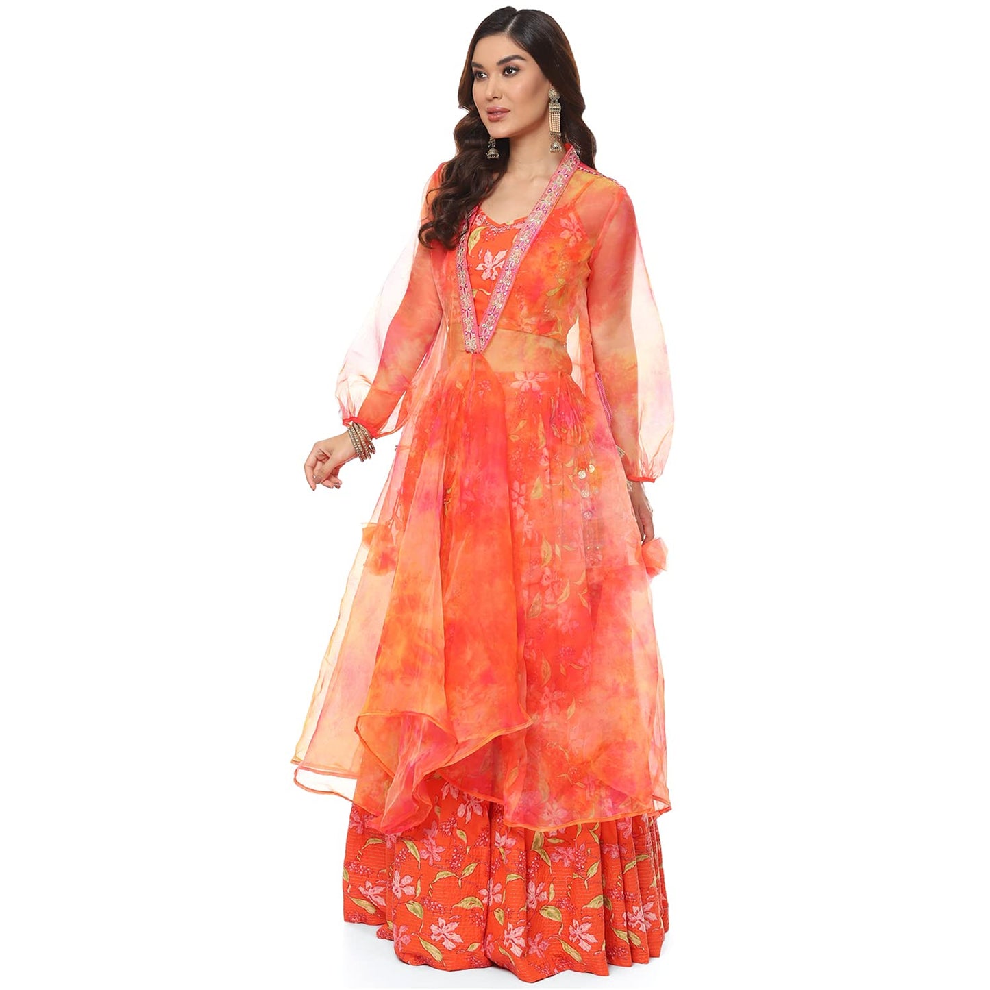 BIBA Women's Orange Art Silk Cape Lehenga Set