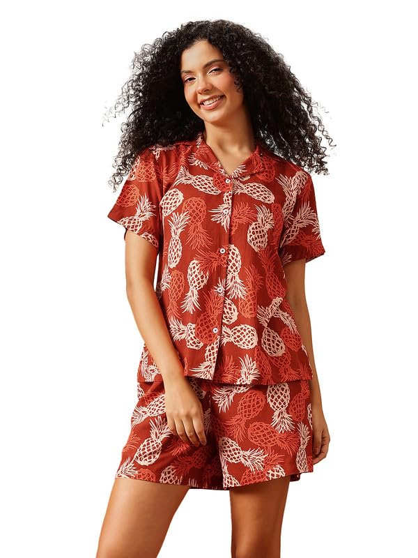 Clovia Women's Rayon Co-ord Nightwear Set – Printed Button-Down Shirt & Shorts | Lounge & Sleep Set