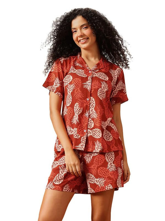 Clovia Women's Rayon Co-ord Nightwear Set – Printed Button-Down Shirt & Shorts | Lounge & Sleep Set