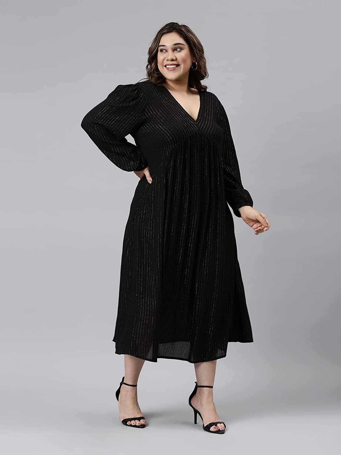 The Pink Moon Women's Maxi Plus Size Lurex Dress - (DRS_100_GOLDLX_Black_3XL)