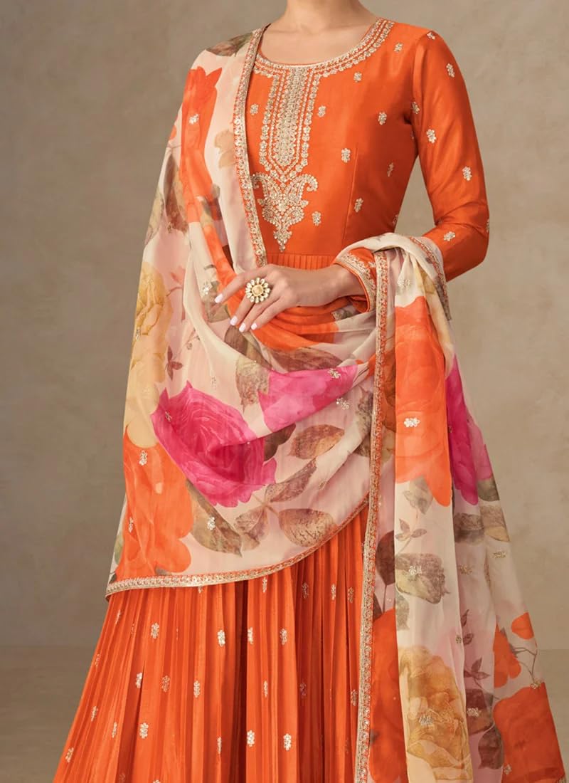 Shampysky Women’s Orange Chinon Embroidered A-Line Gown with Organza Dupatta | Fully Stitched | Full Sleeves (SSW-1307-Orange-4XL)