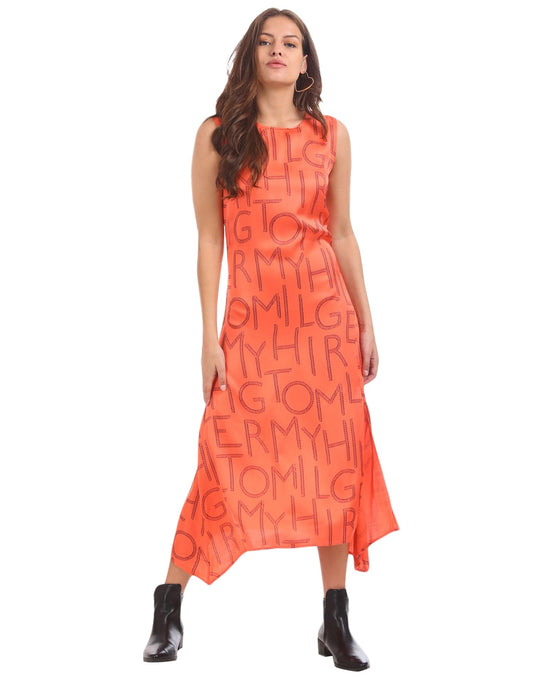 Tommy Hilfiger Womens Printed Round Neck Dress_8905183020567 Orange