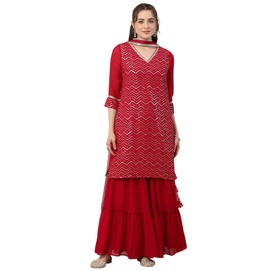 Biba Women Red Polyester Straight Embroidered Sharara Suit Set_42