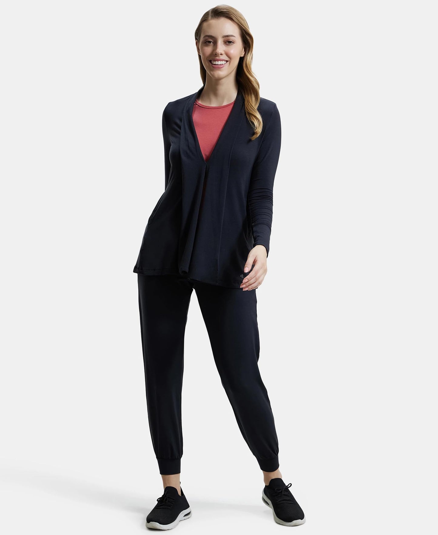 Jockey JW53 Women's Tencel Lyocell Elastane Stretch Relaxed fit Full Sleeve Shrug with Front Closure Buttons_Black_L