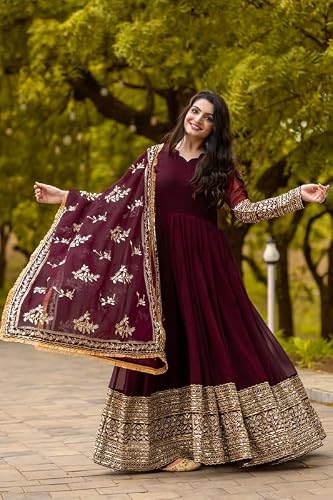 Brulry Women's Maroon Color Georgette V-Neck Ankel Length Anarkali Kurta Pant With Dupatta
