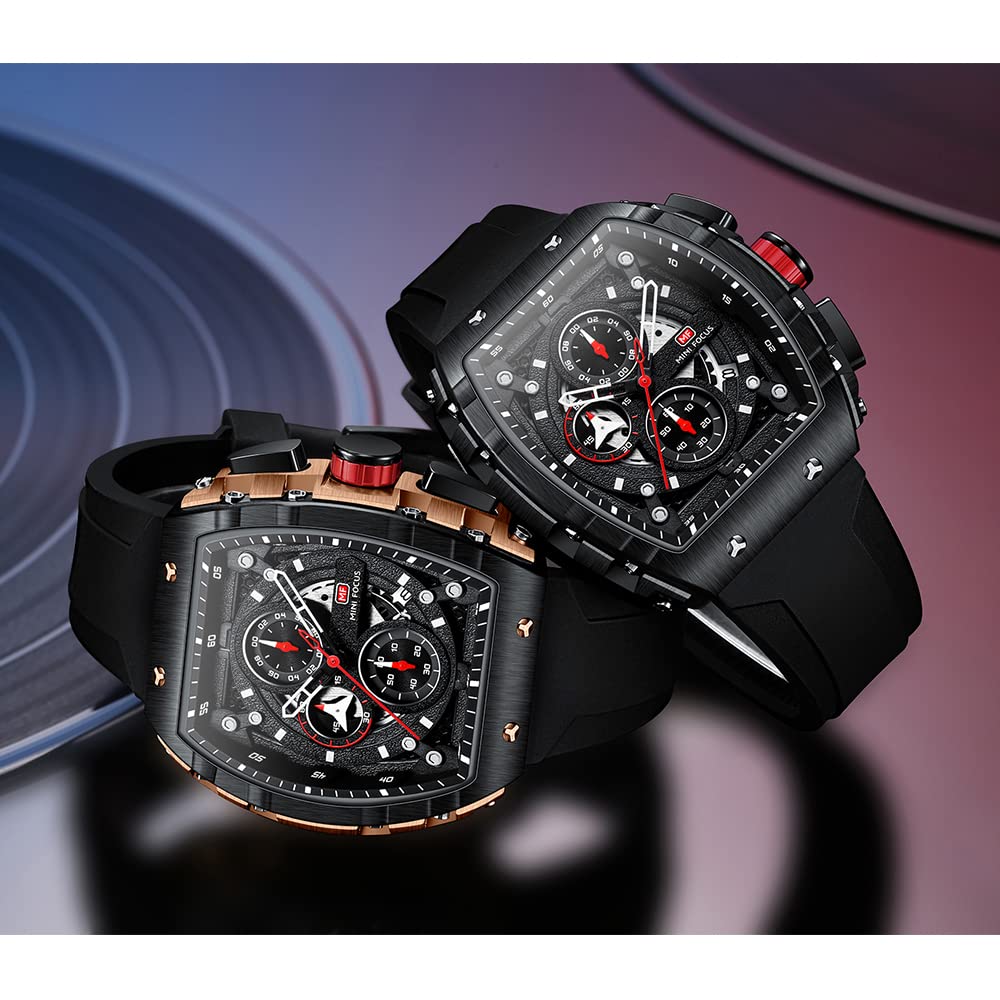 Mini Focus Mens Watches 3ATM Waterproof Chronograph Luminous Quartz Movement Sport, Black