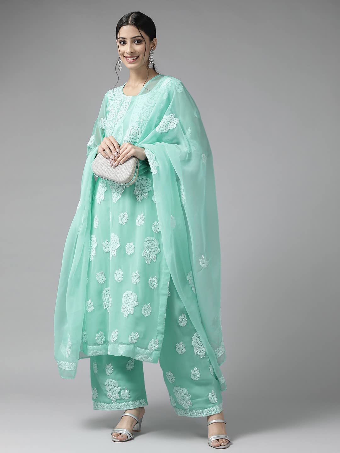 Ada Hand Embroidered Lucknow Chikankari Unstitched Georgette Dress Material Suit Set for Women A211211 Sea Green