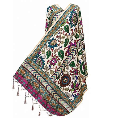 SHANTVAN GALLERY Women’s Malai Silk Dupatta | Floral & Kalamkari Prints Traditional Ethnic Wear | Soft, Lightweight Designer Stole with Tassel Border for Suit, Kurti & Festive Gowns | Alabaster