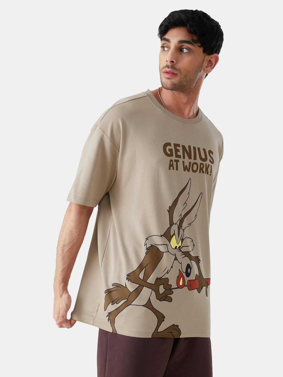 The Souled Store|Official Looney Tunes: Magic Mushroom Mens and Boys Oversized T-Shirts|Half Sleeve|Loose fit Graphic Printed| 80% Cotton 20% Polyester Brown Color Men Oversized T-Shirts
