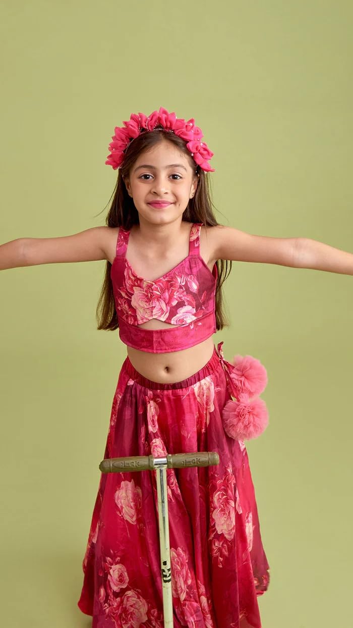 Leons Fab irl's Vibrant Floral Rayon Printed Stylish Crop Top And Lehenga (Pink, 11-12 Years)