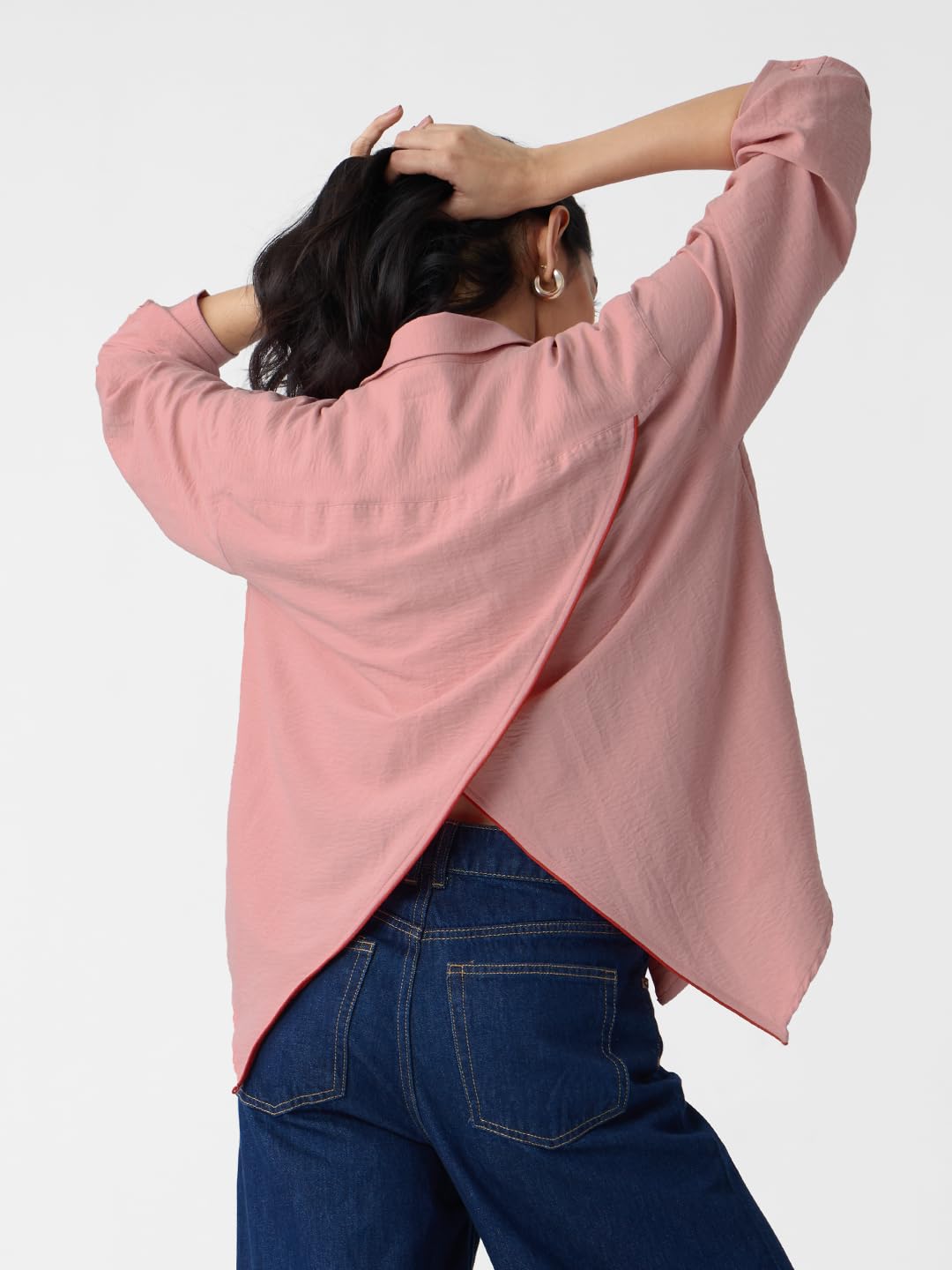 The Souled Store Textured Shirt: Rose Pink Women and Girls Long Sleeves Collared Neck Button Front Viscose Blend Boyfriend Shirts
