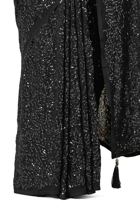 Soch Womens Black Chiffon Saree With Sequence Work