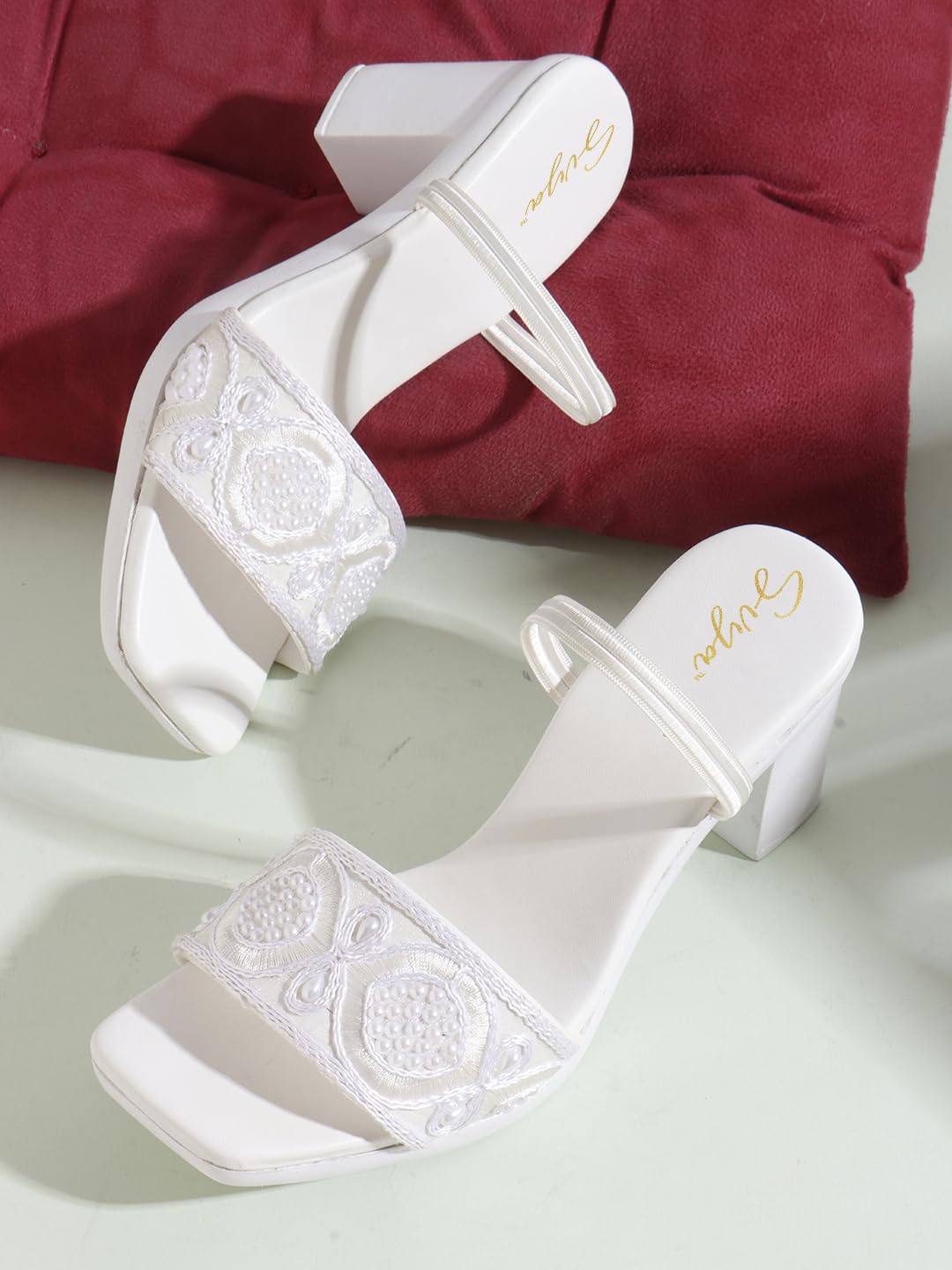 Handcrafted Embroidered Women Sandals with Square Toe, Mid Block Heel, and Supportive Back Strap for Ethnic Wear (White, UK Footwear Size System, Adult, Women, Numeric, Medium, 4)