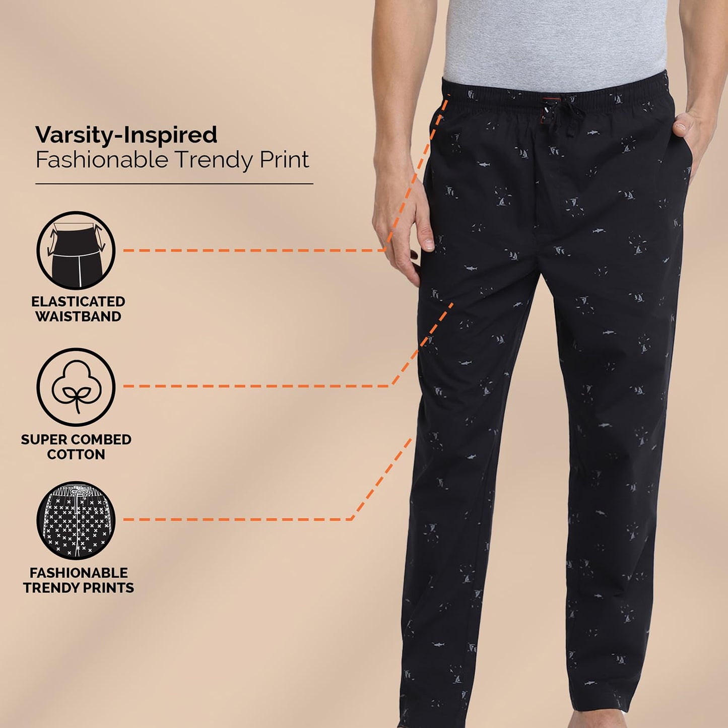 Van Heusen Men Sport Varsity Inspired Pyjamas - 100% Combed Cotton - Drawstring Waist, Allover Print_70012_Navy AOP01_XL
