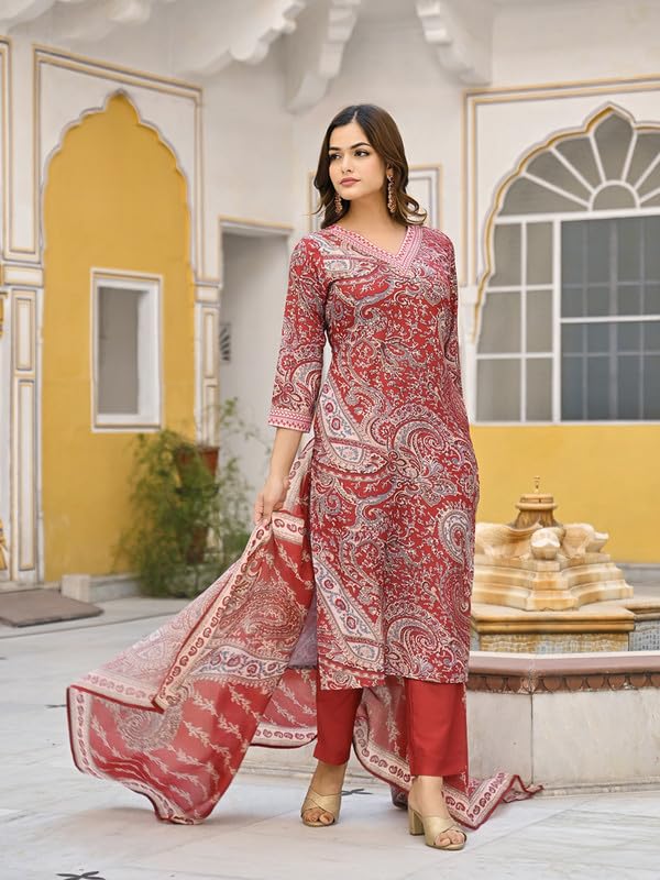 Vaamsi Women's Red Rayon Blend Paisley Straight Printed Kurta Pant With Dupatta Set | Straight Kurta Set | Printed Salwar Suit For Women (VKSKD2317, S)