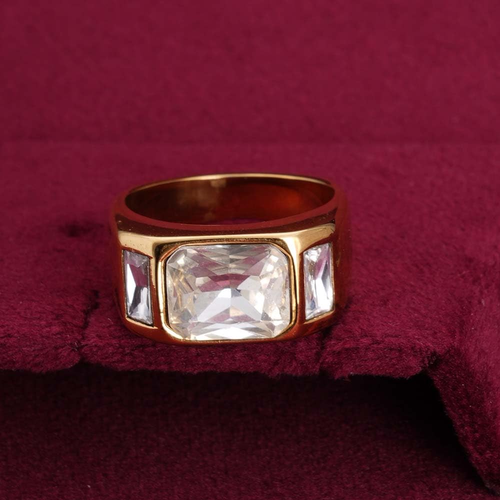 PALMONAS Zircon Studded Gold Chunky Ring for Womens - Waterproof & Anti-Tarnish (Size-8)