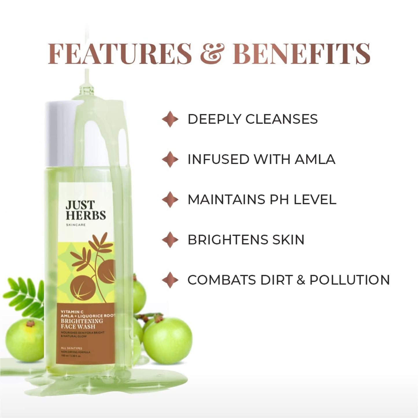 Just Herbs Brightening Face Wash with Vitamin C Amla & Liquorice Root for Men & Women | Hydrates Skin, Reduces Hyperpigmentation & Maintains pH Level | Suits All Skin Types- 50 gm