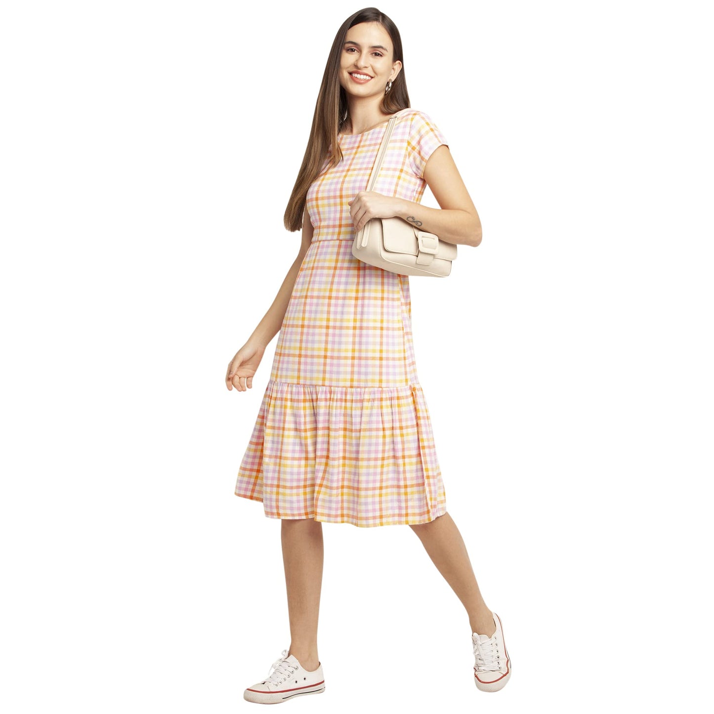 Zink London Multi-Colored Checks Women's Tiered Midi Dress Multicolour