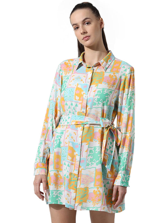 ONLY Women Printed Viscose Above Knee Loose Fit Multicolor Shirt Dress