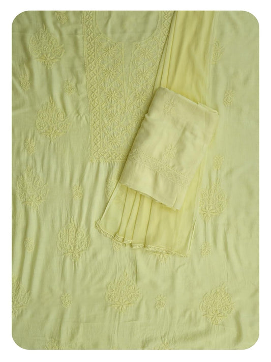 Ada Hand Embroidered Lucknowi Chikankari Unstitched Muslin Dress Material Suit Piece with Dupatta for Women 01A773428 Lemon