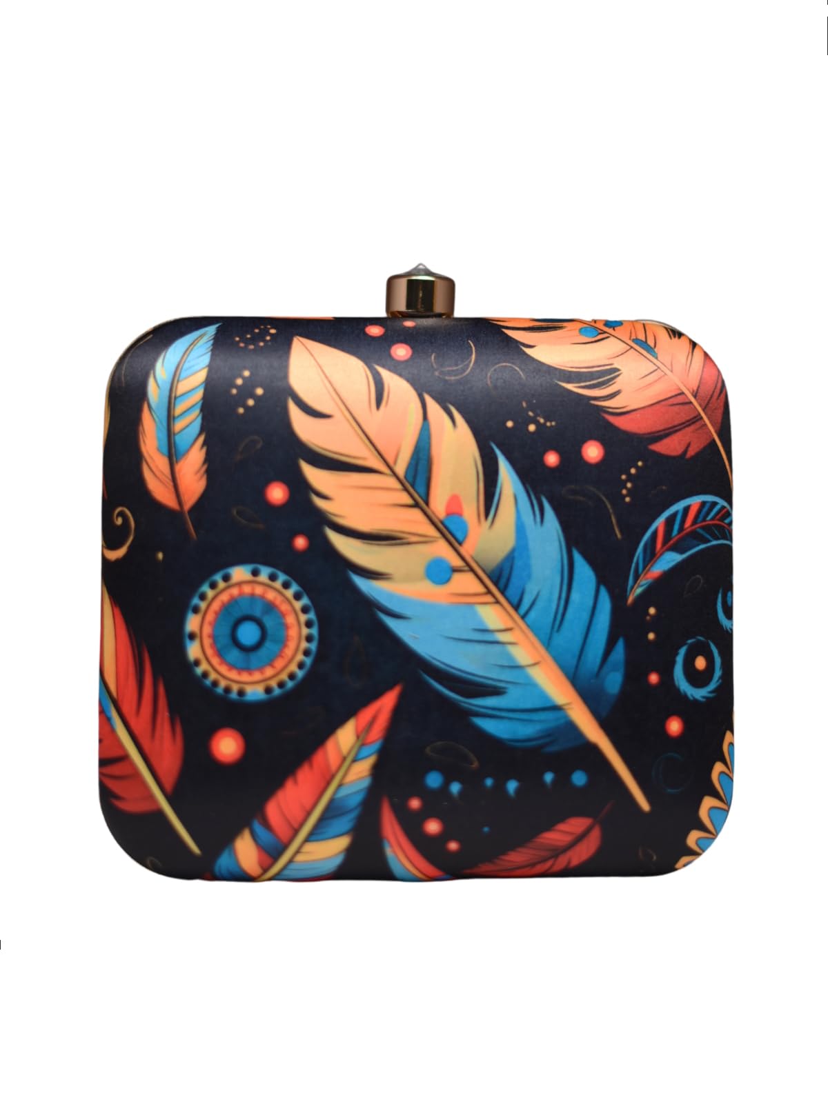 Artklim Black Based Feather Printed Clutch