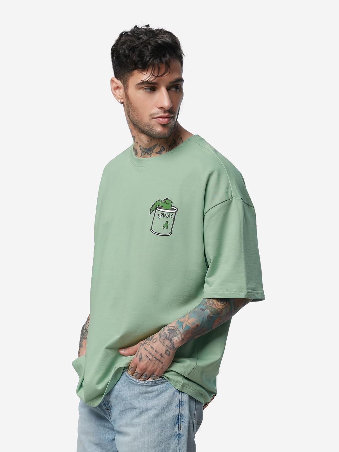 The Souled Store Official Popeye: Spinach Power Men Oversized T-Shirts Sage Green